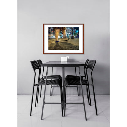 Photography of blurry swinging clothing and legs in New York City with low perspective