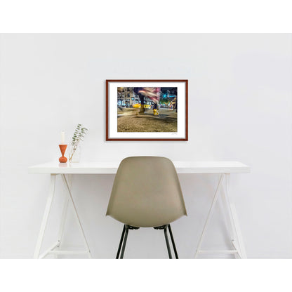 Photography of blurry swinging clothing and 2 mis-matched legs in New York City with low perspective