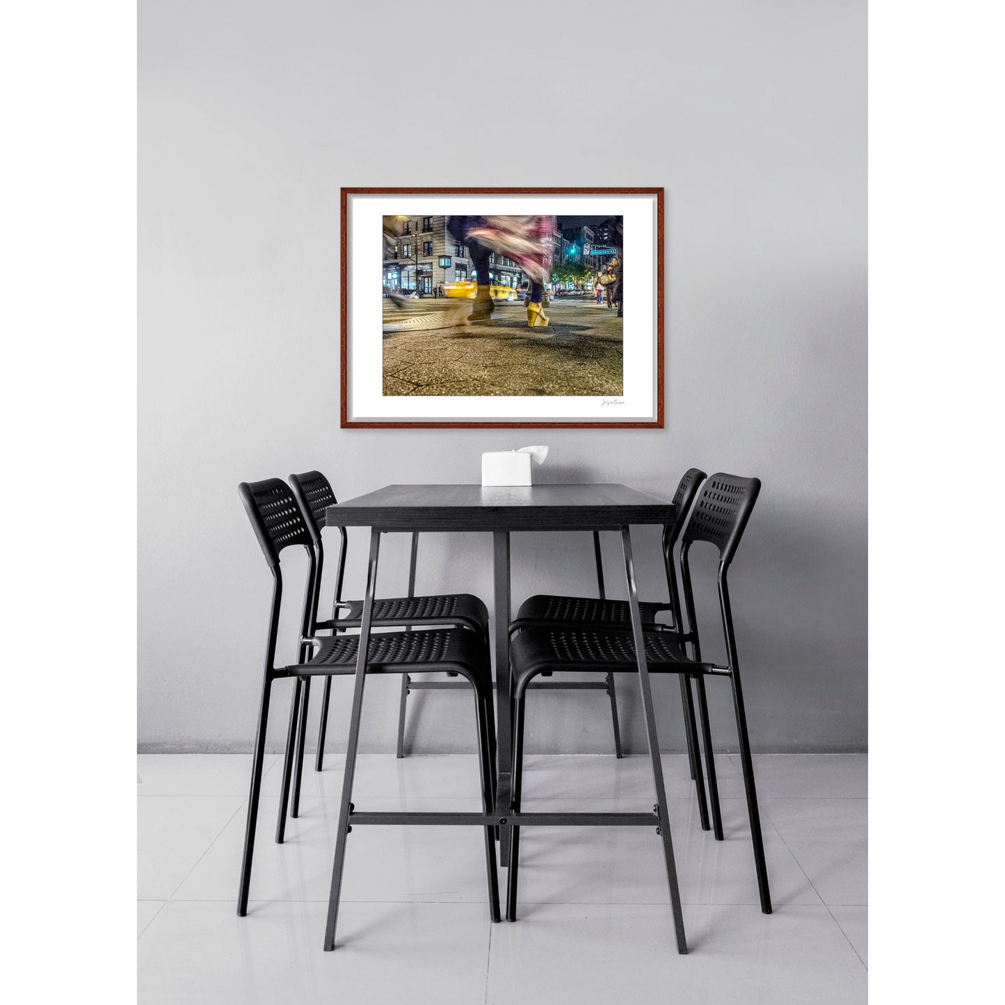 Photography of blurry swinging clothing and 2 mis-matched legs in New York City with low perspective