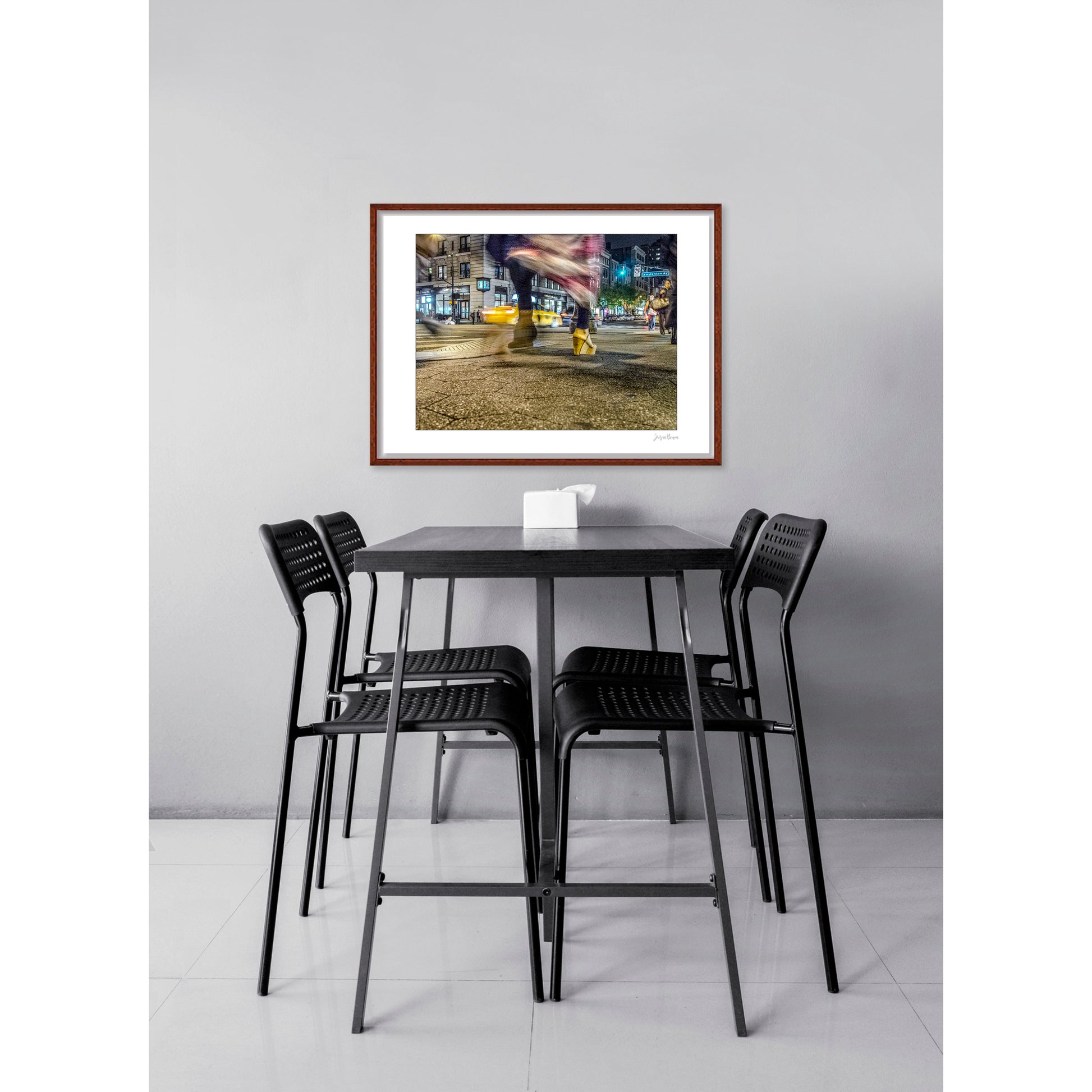 Photography of blurry swinging clothing and 2 mis-matched legs in New York City with low perspective