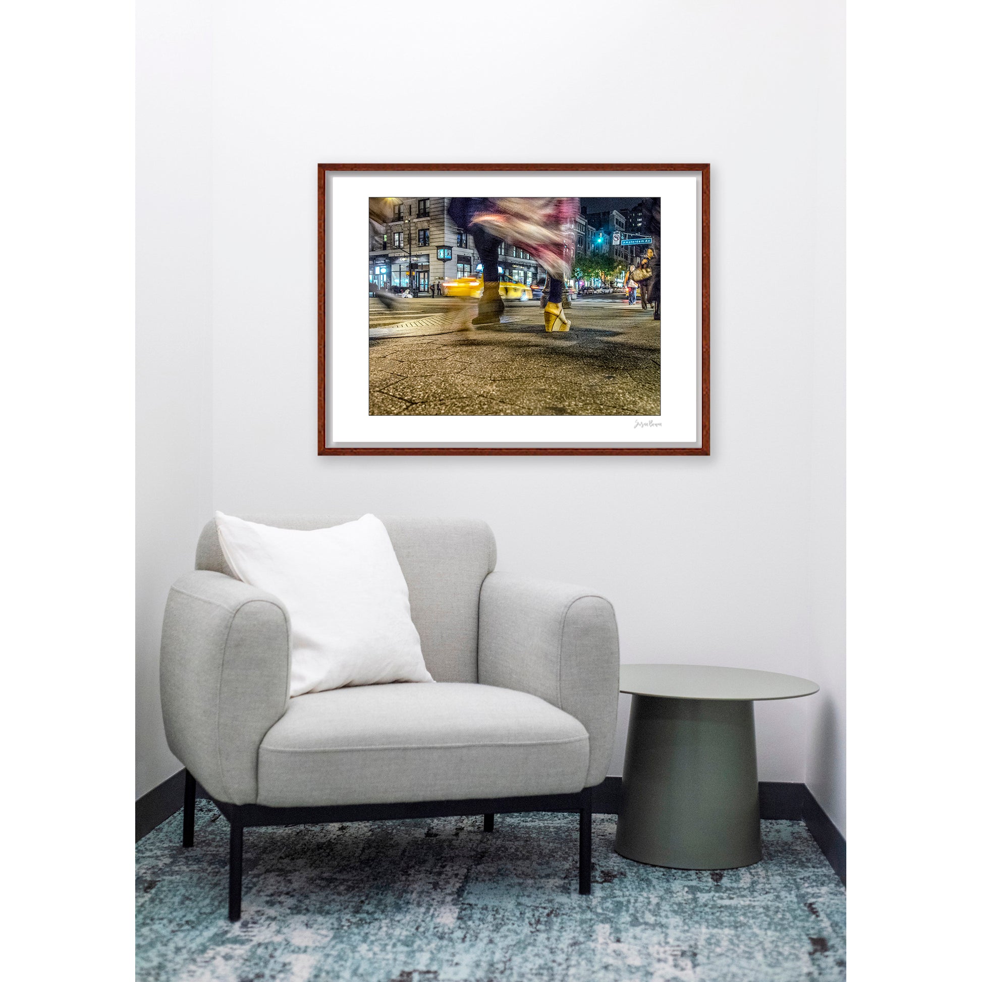 Photography of blurry swinging clothing and 2 mis-matched legs in New York City with low perspective
