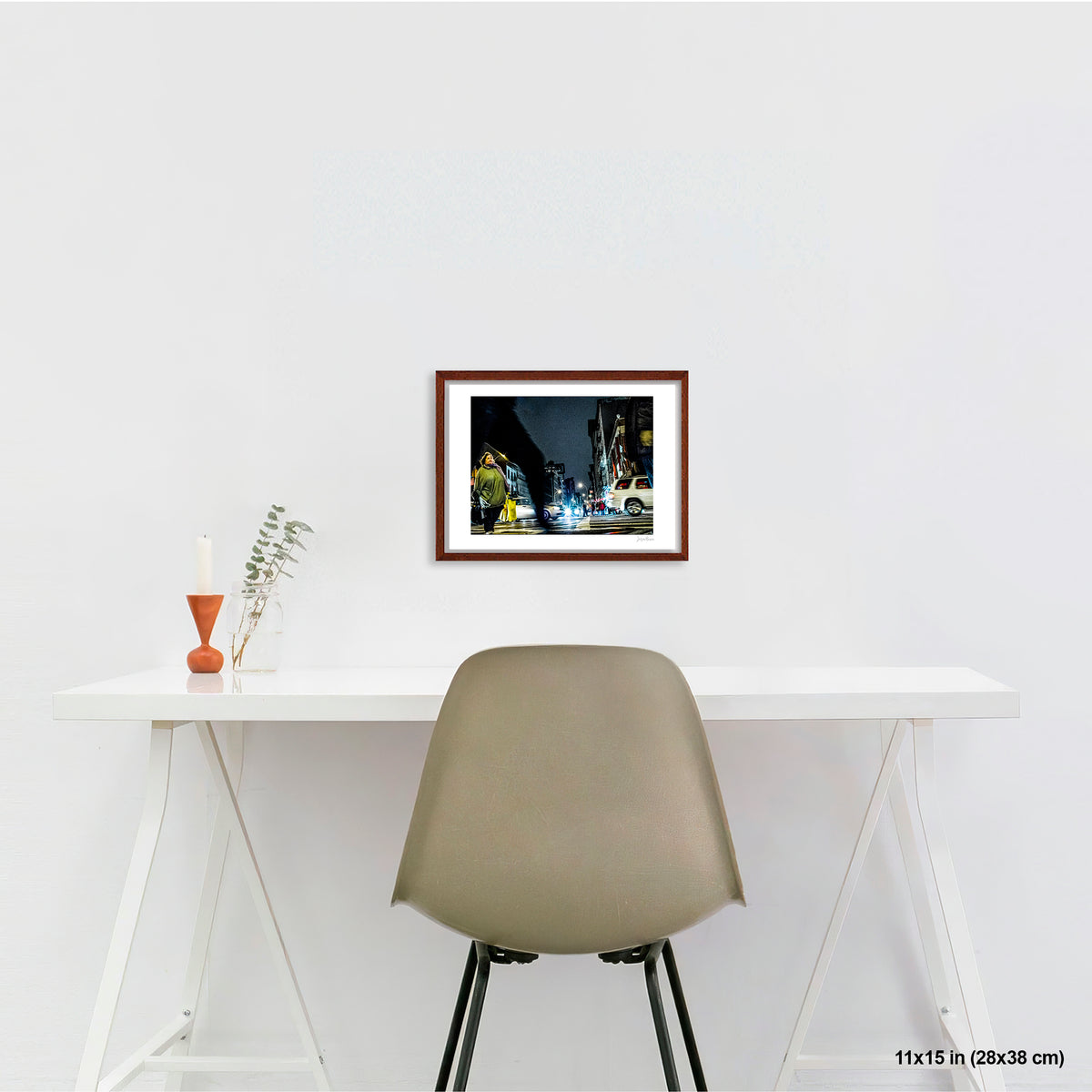Arching Leg and Figure artwork by Susan Bowen, shown as 11x15 framed print. Features night street photograph of a woman standing still at a Canal Street intersection as blurred figures and traffic rush past.