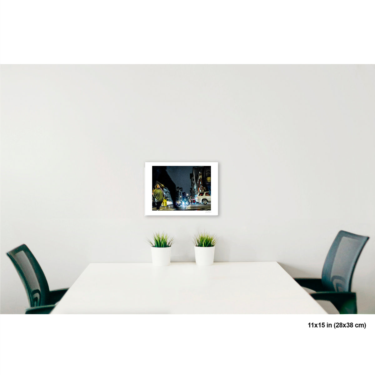Arching Leg and Figure artwork by Susan Bowen, shown as 11x15 print. Features night street photograph of a woman standing still at a Canal Street intersection as blurred figures and traffic rush past.