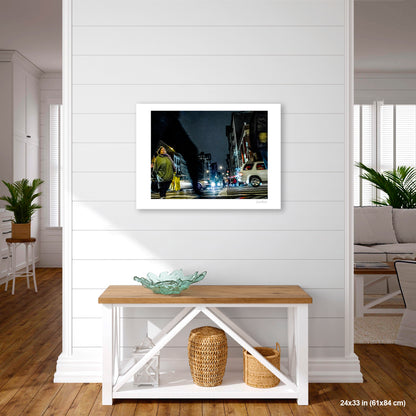 Arching Leg and Figure artwork by Susan Bowen, shown as 24X33 print. Features night street photograph of a woman standing still at a Canal Street intersection as blurred figures and traffic rush past.