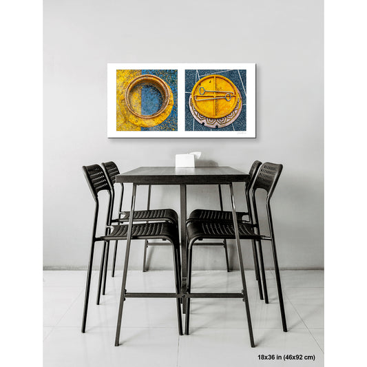 Manhole Covers, Orange and Blue artwork by Susan Bowen, shown as 18x36 print. Features rusted manhole frames in orange and blue — industrial circular forms paired as bold, geometric abstract street photography.
