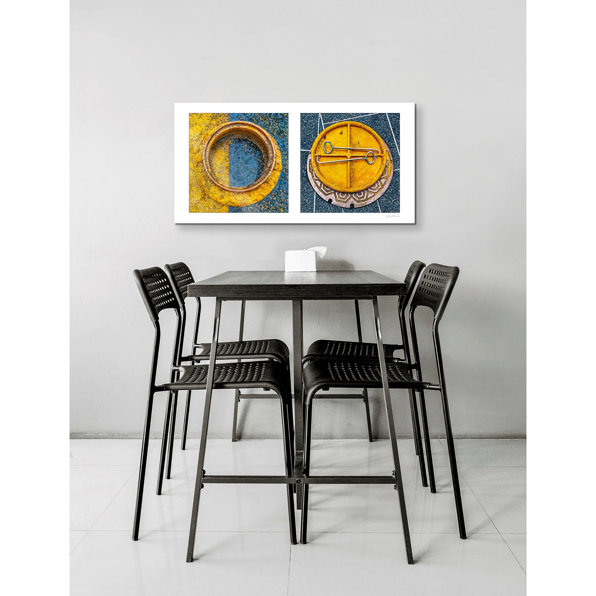 Diptych photograph of found objects round in shape (manhole covers)