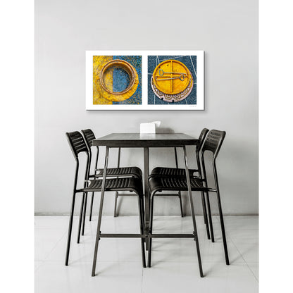Diptych photograph of found objects round in shape (manhole covers)