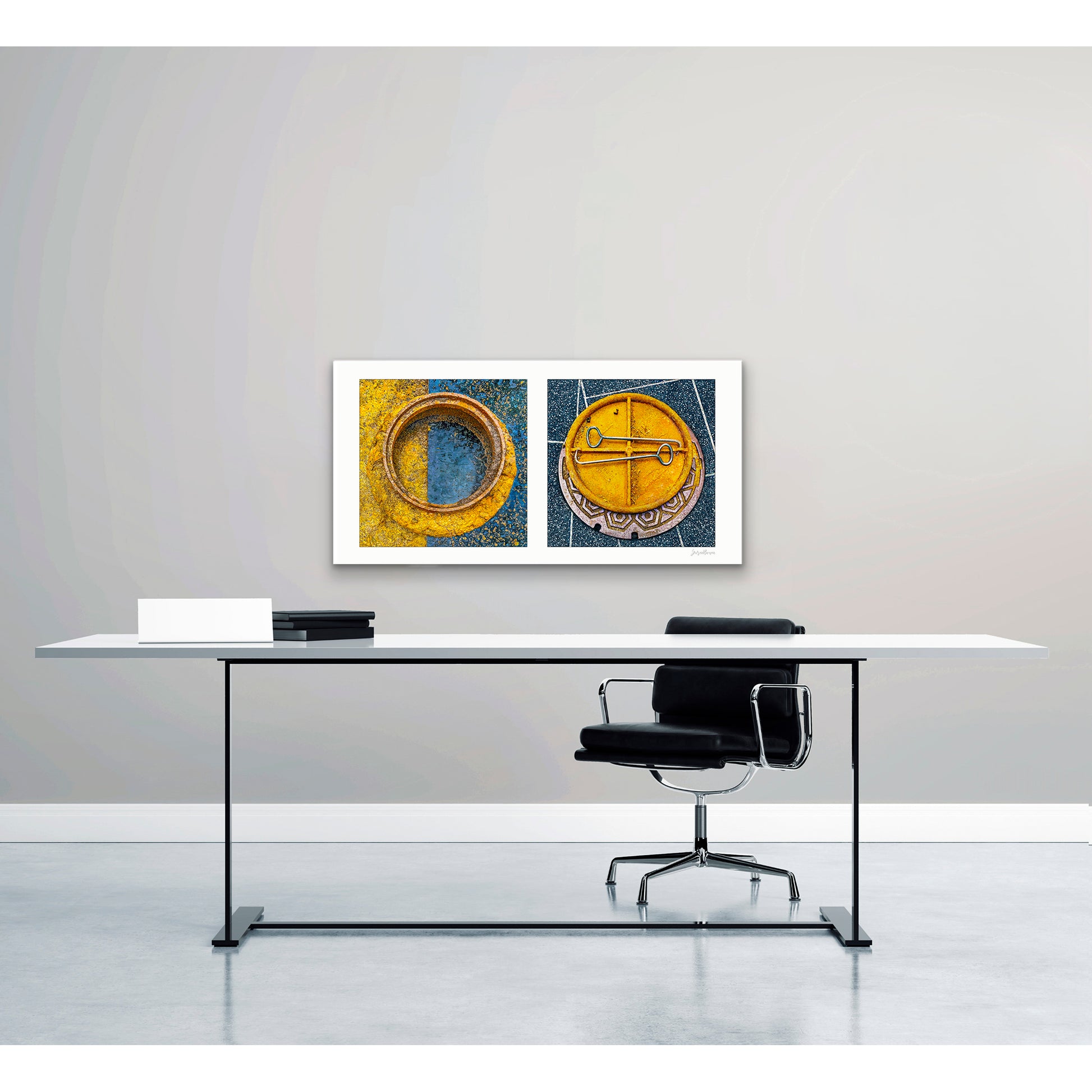 Diptych photograph of found objects round in shape (manhole covers)