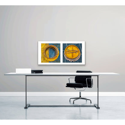 Diptych photograph of found objects round in shape (manhole covers)