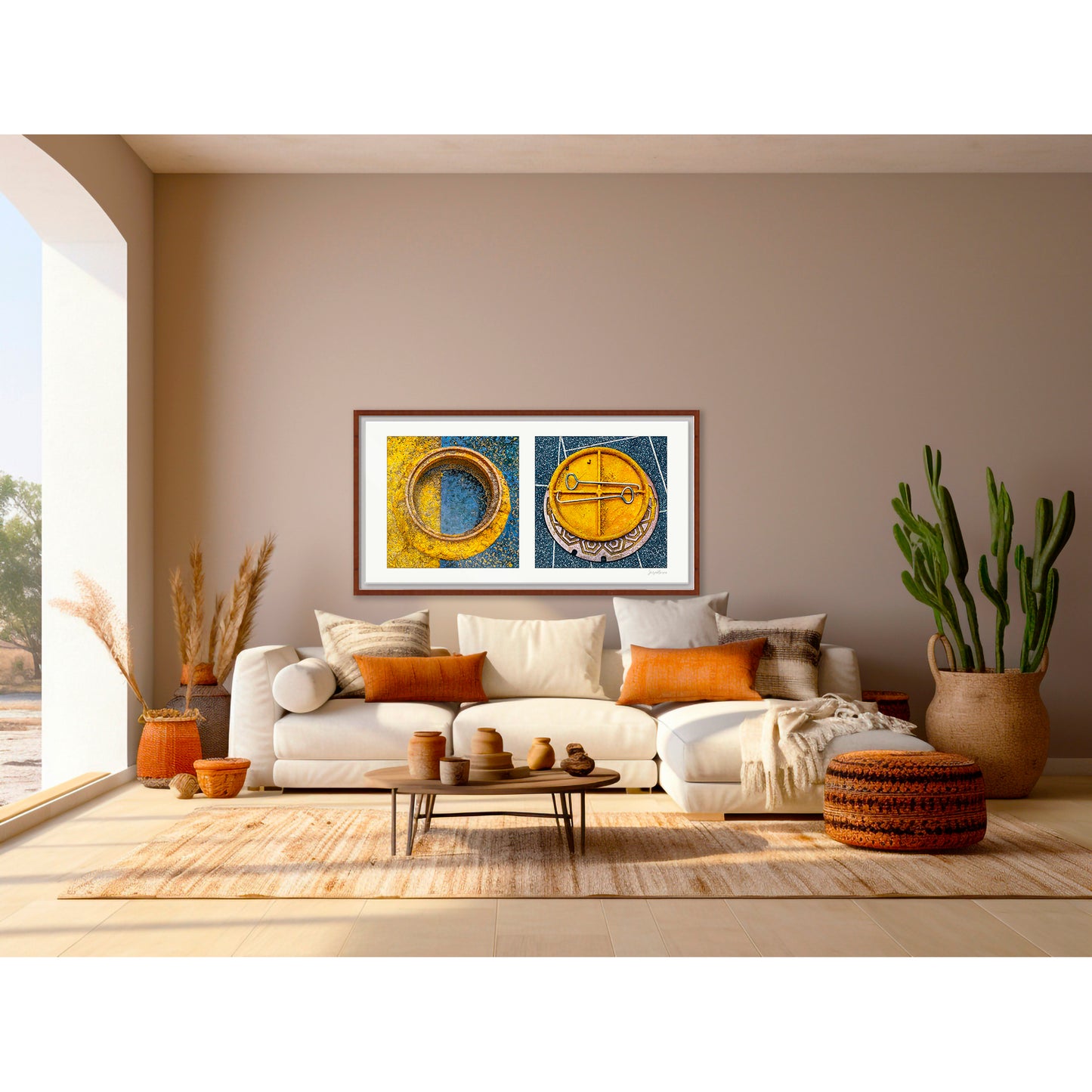 Diptych photograph of found objects round in shape (manhole covers)