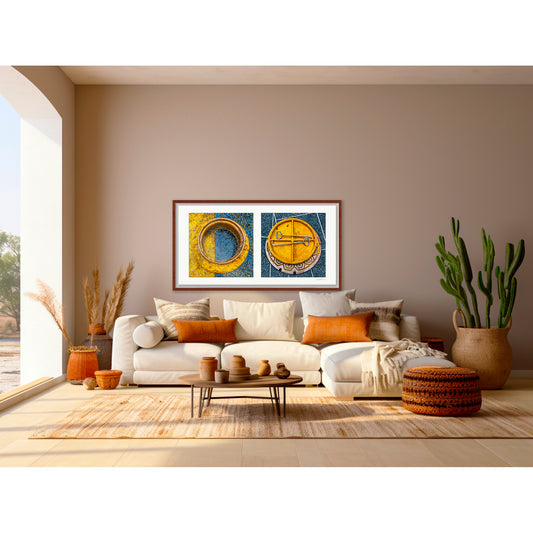 Diptych photograph of found objects round in shape (manhole covers)