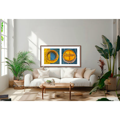 Diptych photograph of found objects round in shape (manhole covers)
