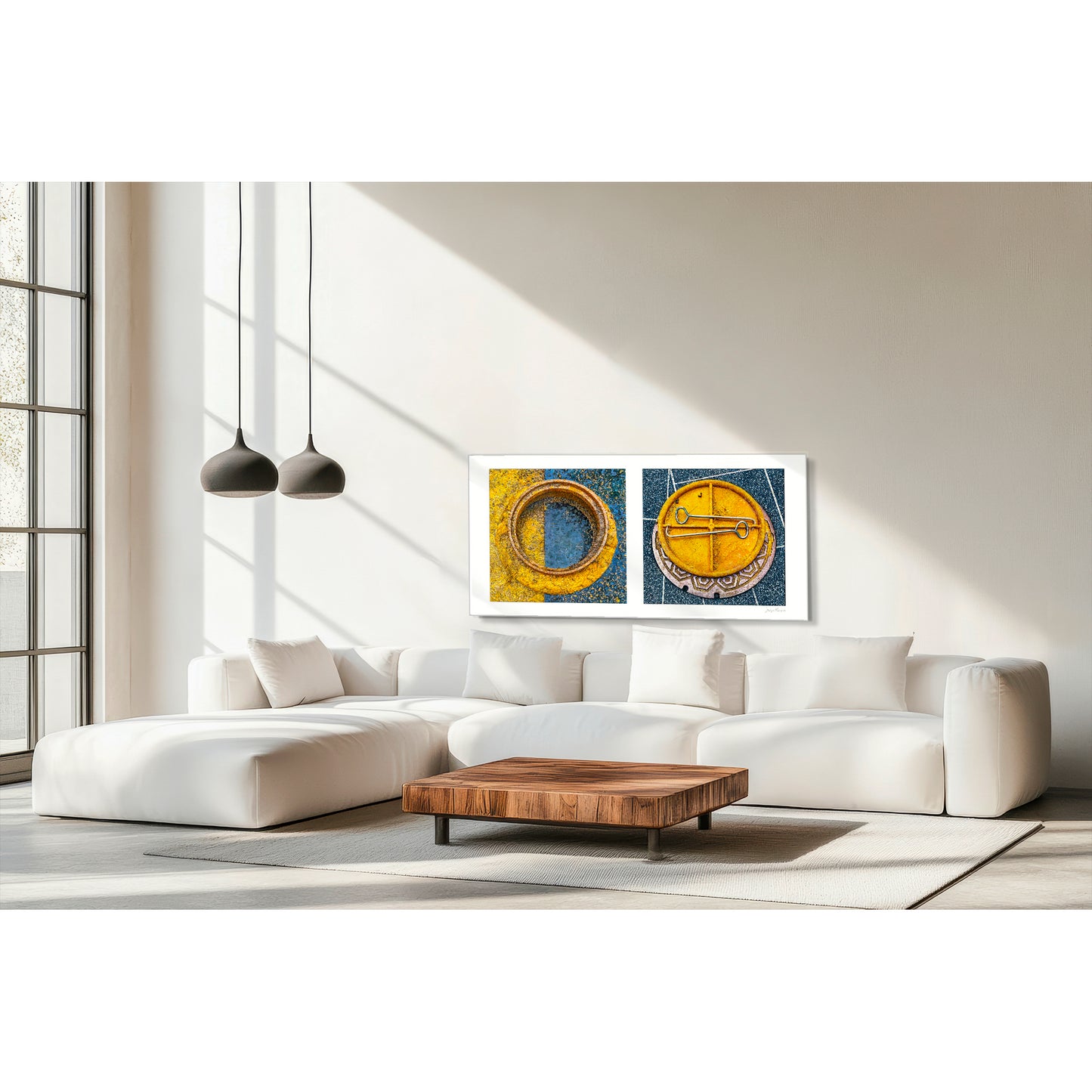 Diptych photograph of found objects round in shape (manhole covers)