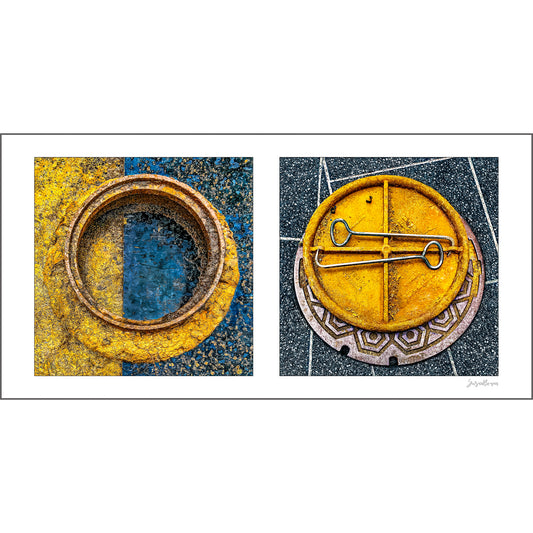 Manhole Covers, Orange and Blue artwork by Susan Bowen. Features rusted manhole frames in orange and blue — industrial circular forms paired as bold, geometric abstract street photography.