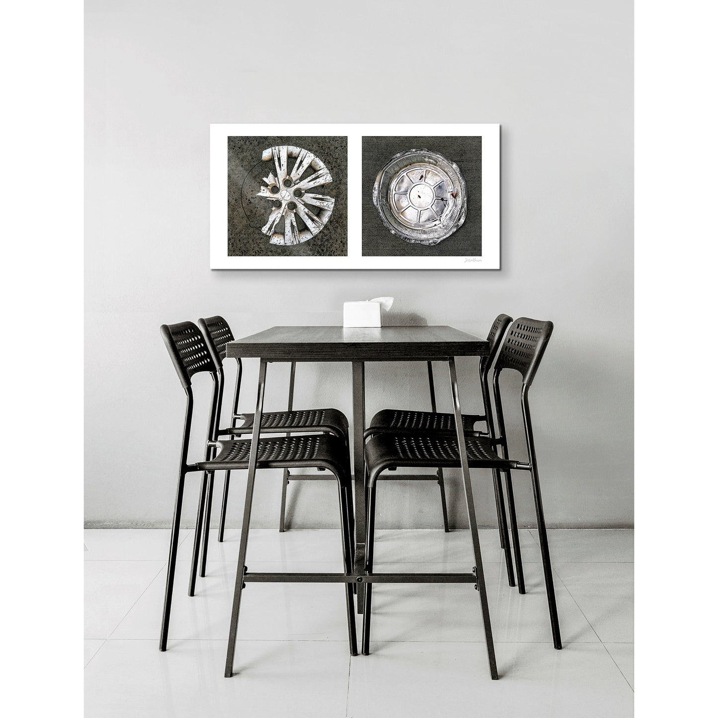 Diptych photograph of found objects round in shape (hubcap and pie pan)