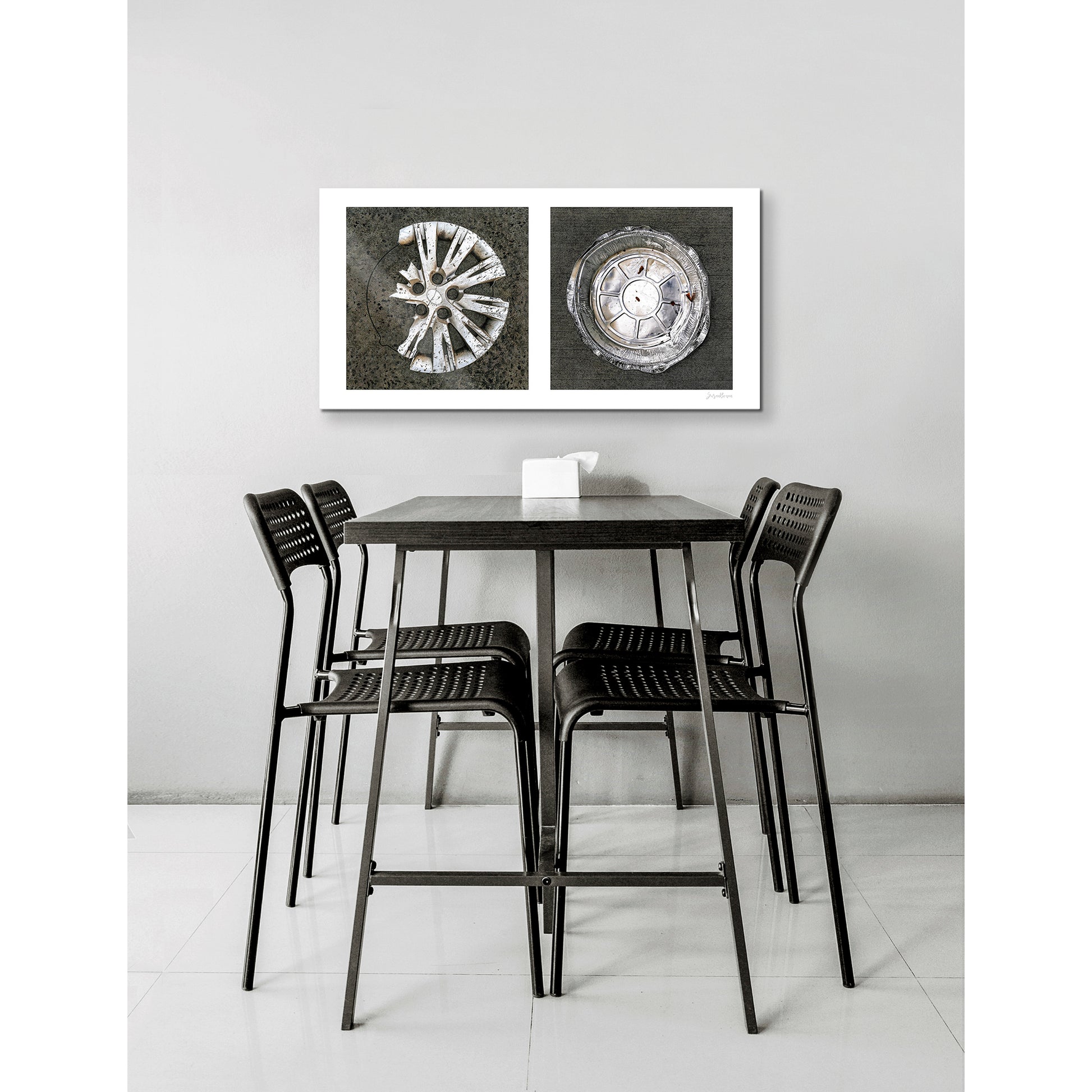 Diptych photograph of found objects round in shape (hubcap and pie pan)