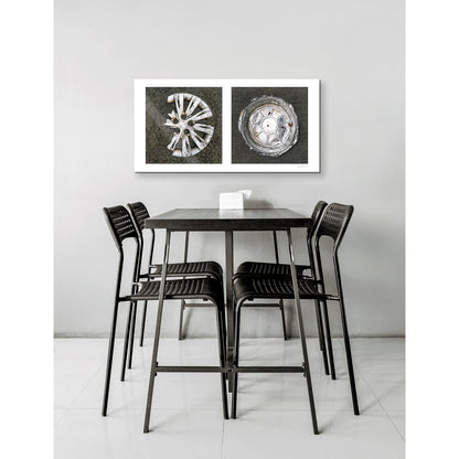 Diptych photograph of found objects round in shape (hubcap and pie pan)