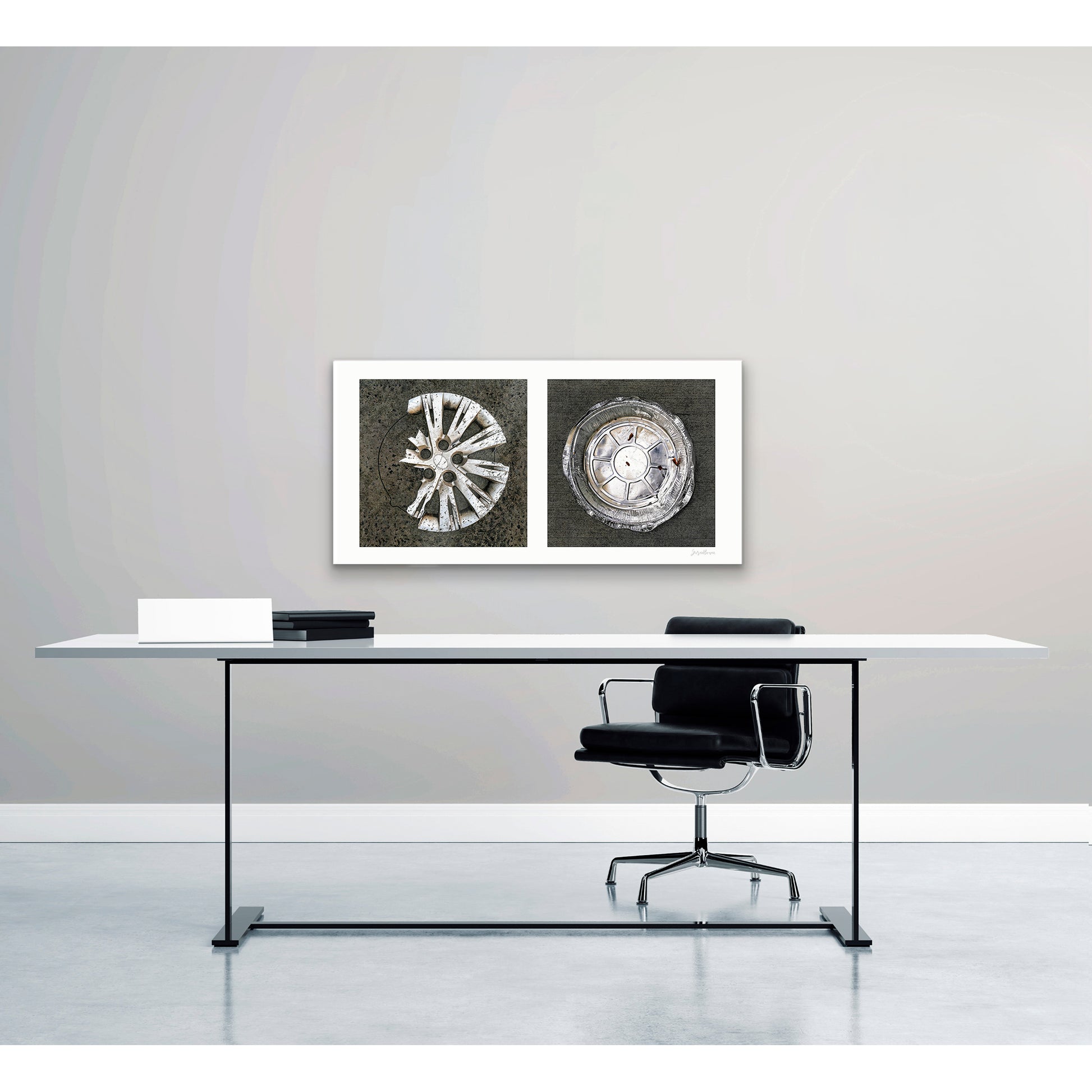 Diptych photograph of found objects round in shape (hubcap and pie pan)