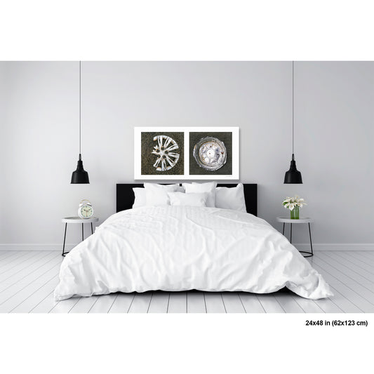 Hubcap and Pie Pan Abstract artwork by Susan Bowen, shown as 24x48 print. Features a cracked hubcap and a bent aluminum pie pan — discarded circular objects photographed as sculptural silver-toned street art.