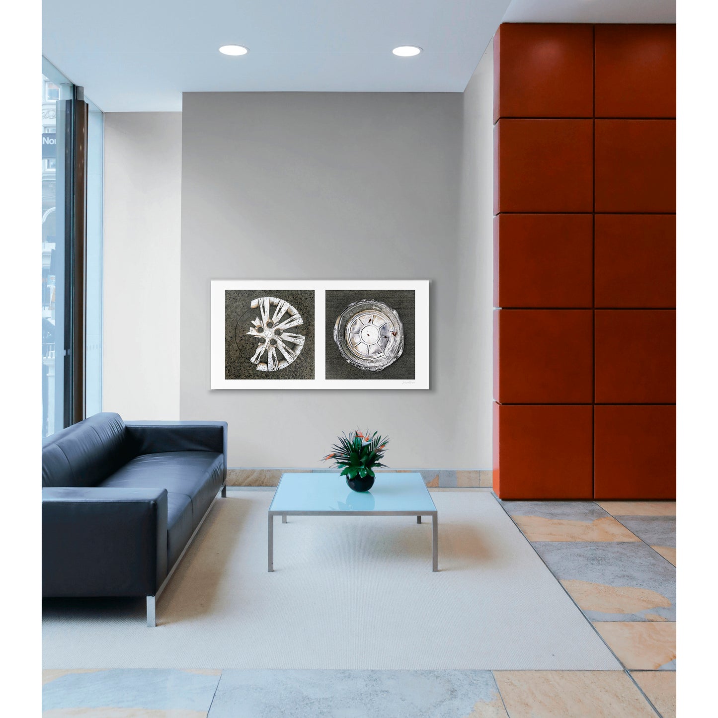 Diptych photograph of found objects round in shape (hubcap and pie pan)