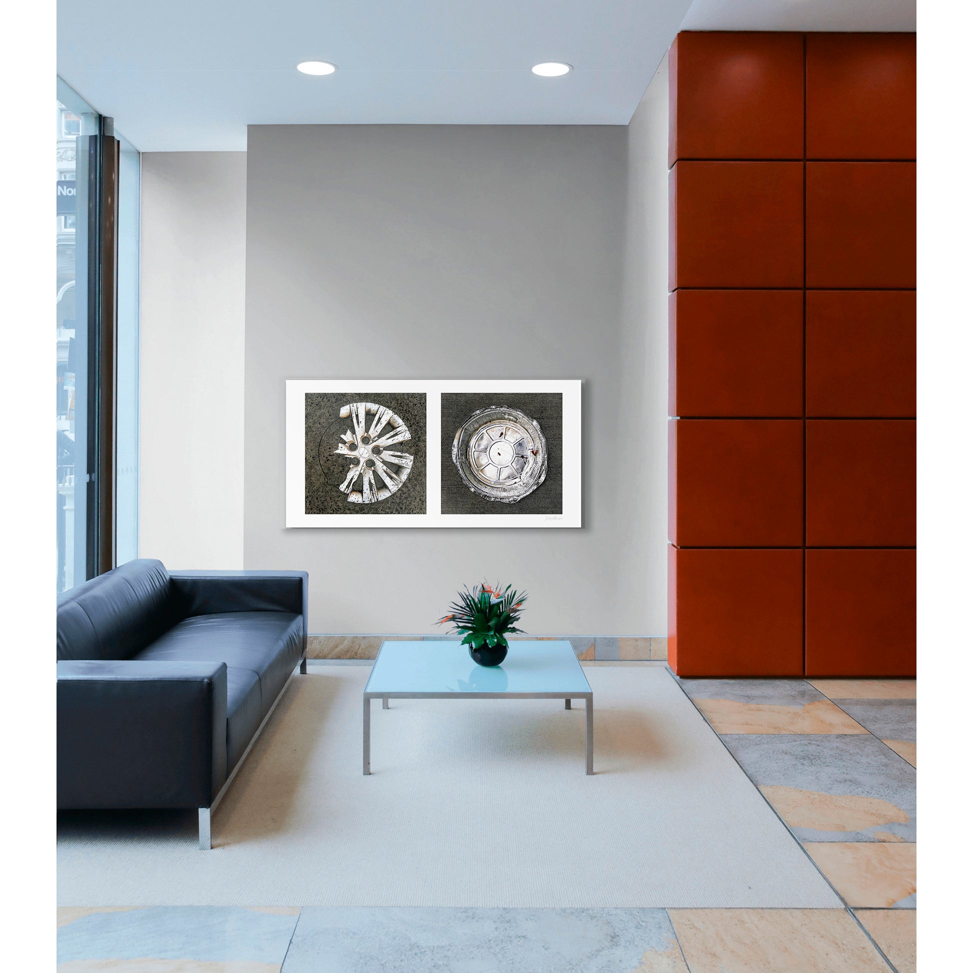 Diptych photograph of found objects round in shape (hubcap and pie pan)