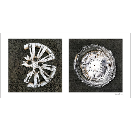 Hubcap and Pie Pan Abstract artwork by Susan Bowen. Features a cracked hubcap and a bent aluminum pie pan — discarded circular objects photographed as sculptural silver-toned street art.