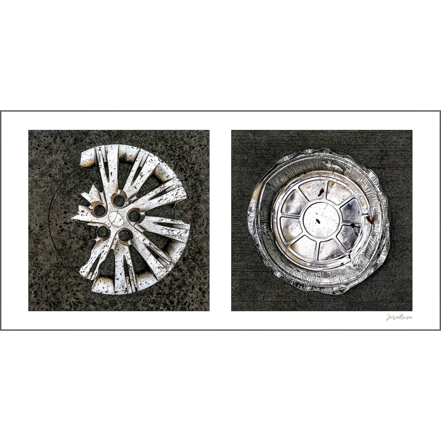 Diptych photograph of found objects round in shape (hubcap and pie pan)