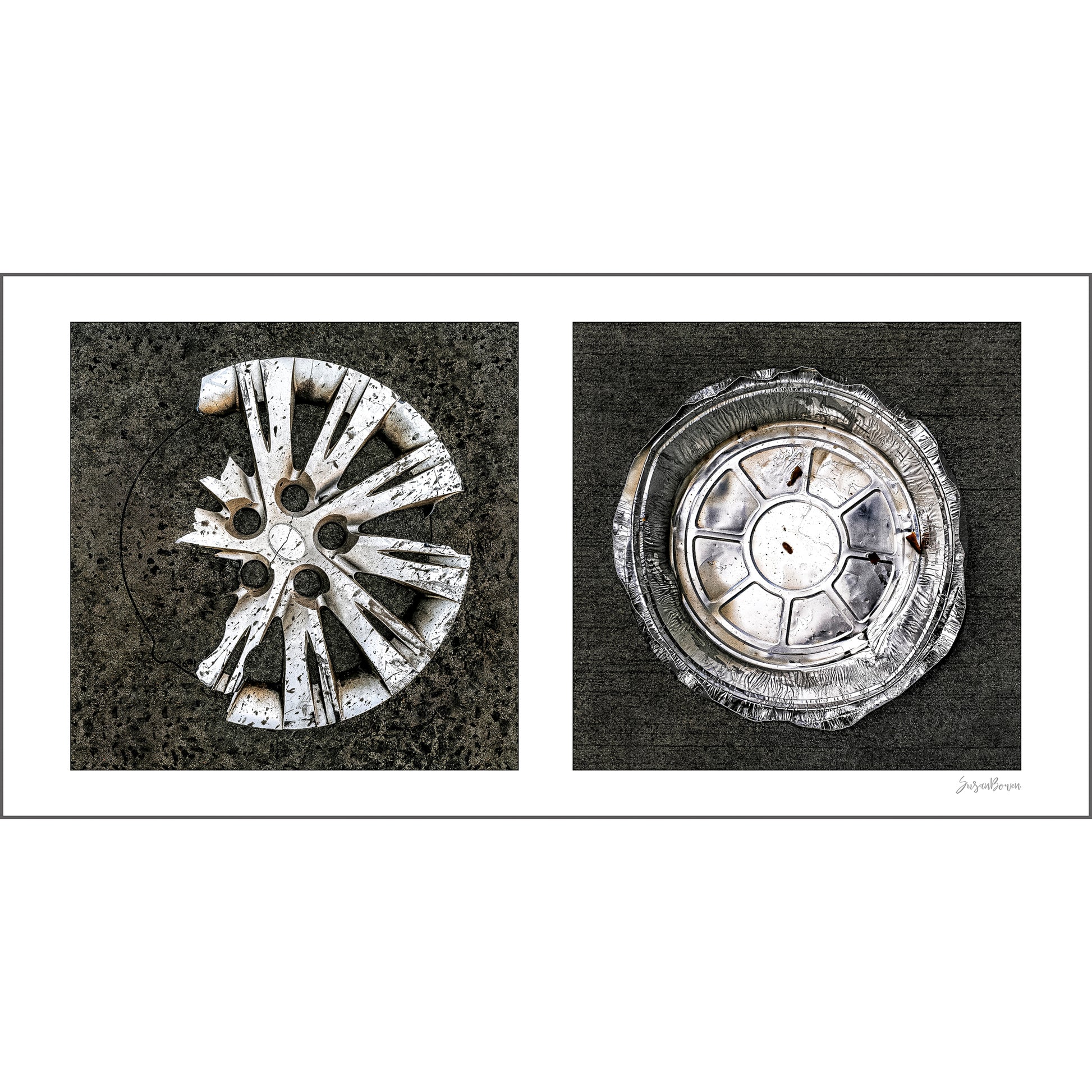 Diptych photograph of found objects round in shape (hubcap and pie pan)