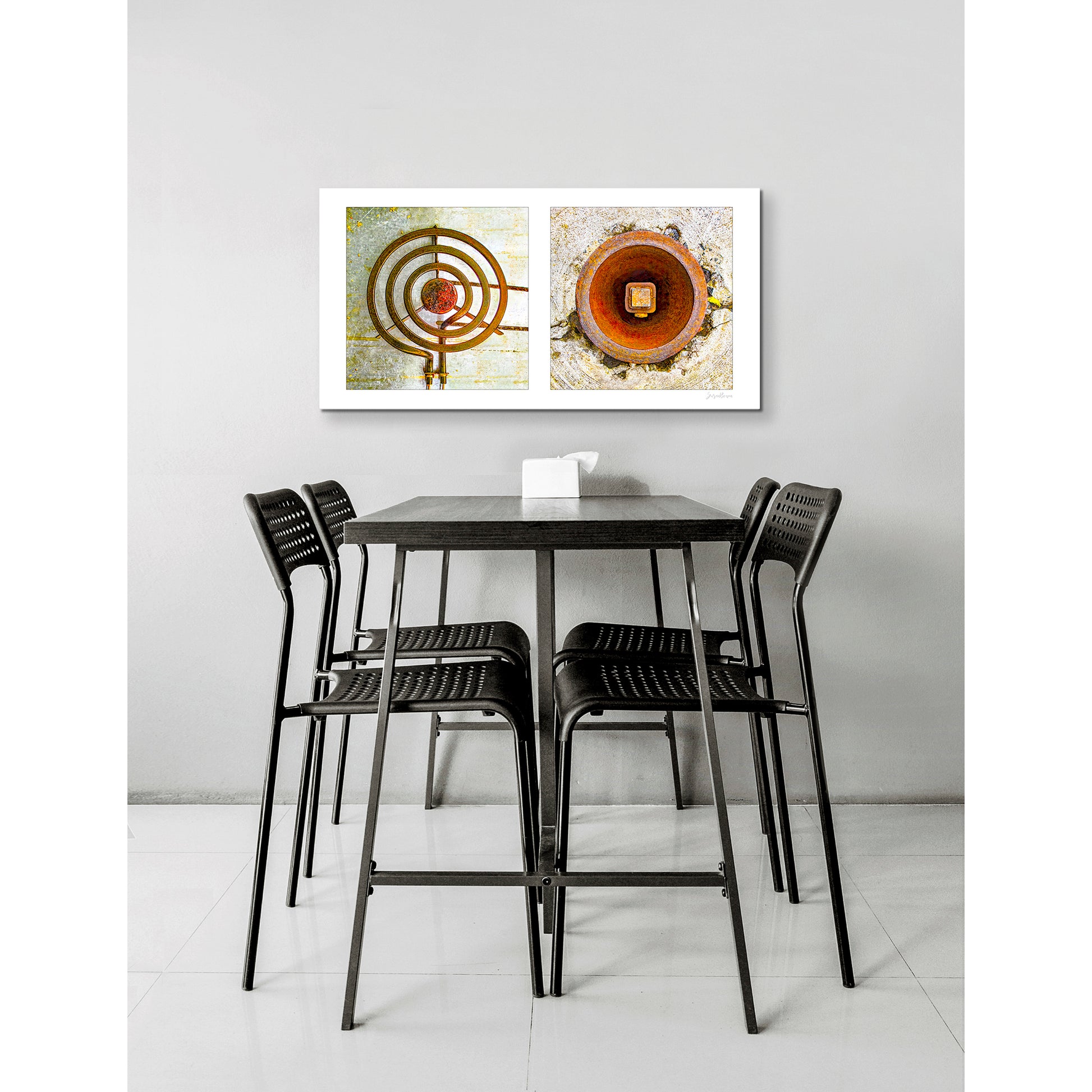 Diptych photograph of found objects round in shape (stove coil and rusty hole)