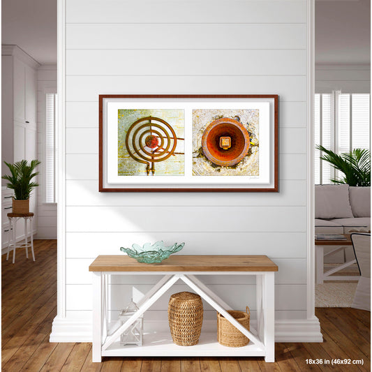 Stove and Rusty Hole Abstract artwork by Susan Bowen, shown as 18x36 framed print. Features a spiraling stove coil and a rusted pipe opening pair as abstract circular forms united by rust, geometry, and decay.