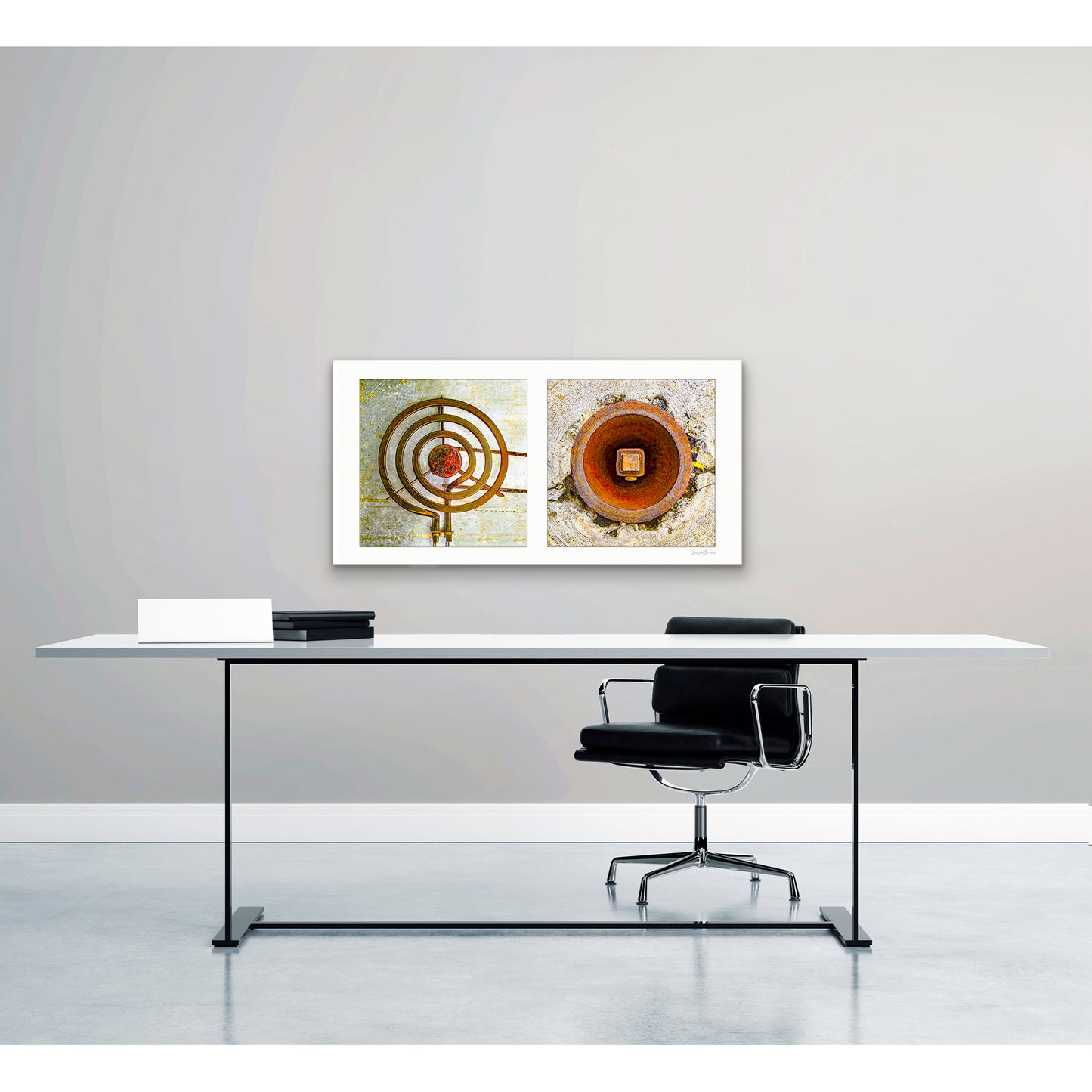 Diptych photograph of found objects round in shape (stove coil and rusty hole)