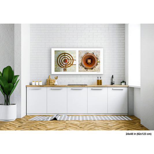 Stove and Rusty Hole Abstract artwork by Susan Bowen, shown as 24x48 print. Features a spiraling stove coil and a rusted pipe opening pair as abstract circular forms united by rust, geometry, and decay.