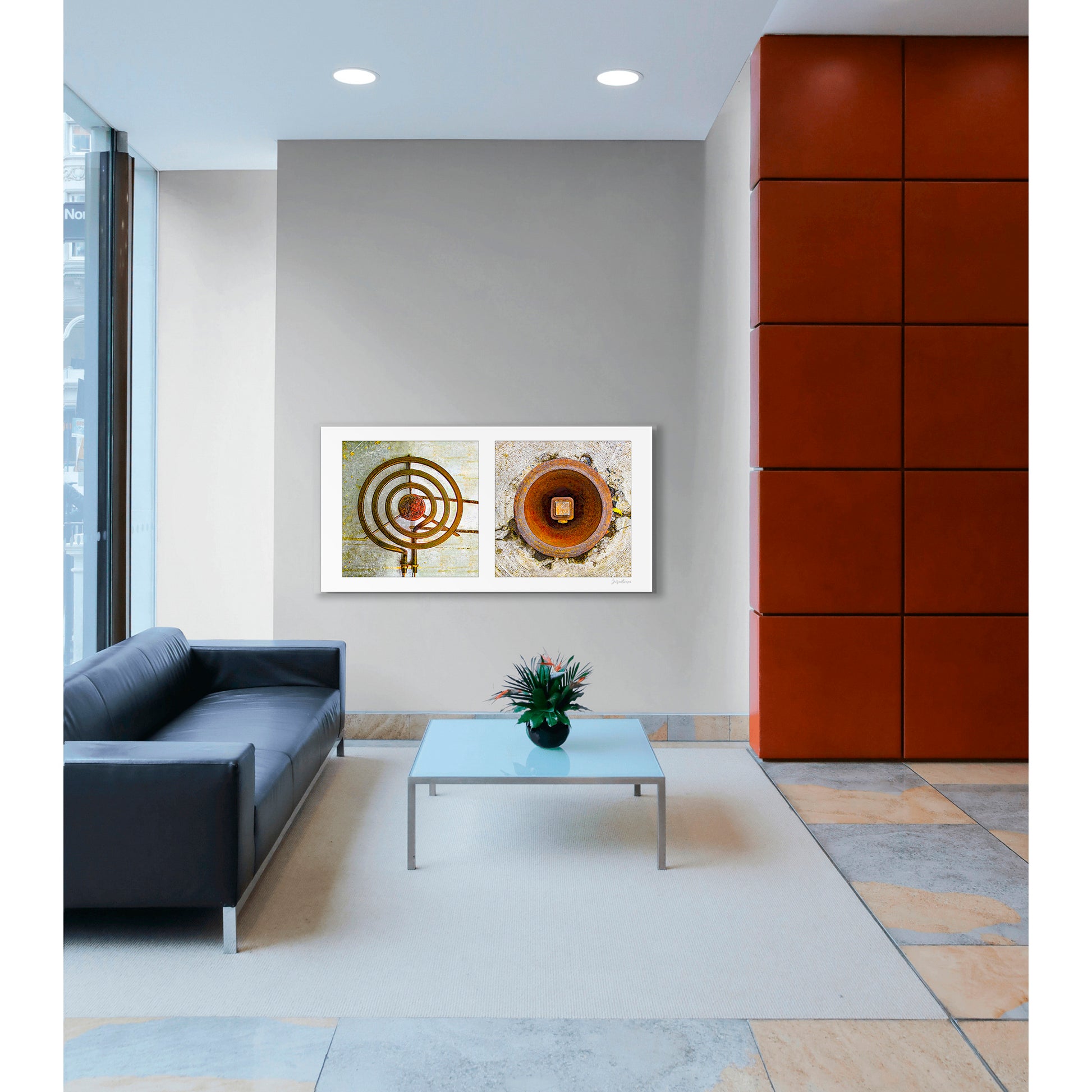 Diptych photograph of found objects round in shape (stove coil and rusty hole)