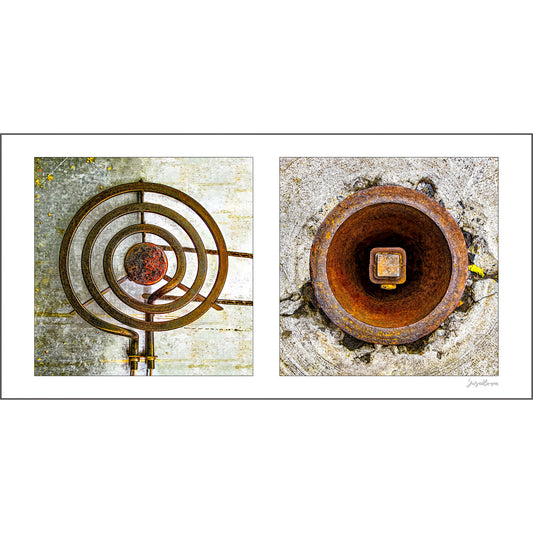Stove and Rusty Hole Abstract artwork by Susan Bowen. Features a spiraling stove coil and a rusted pipe opening pair as abstract circular forms united by rust, geometry, and decay.