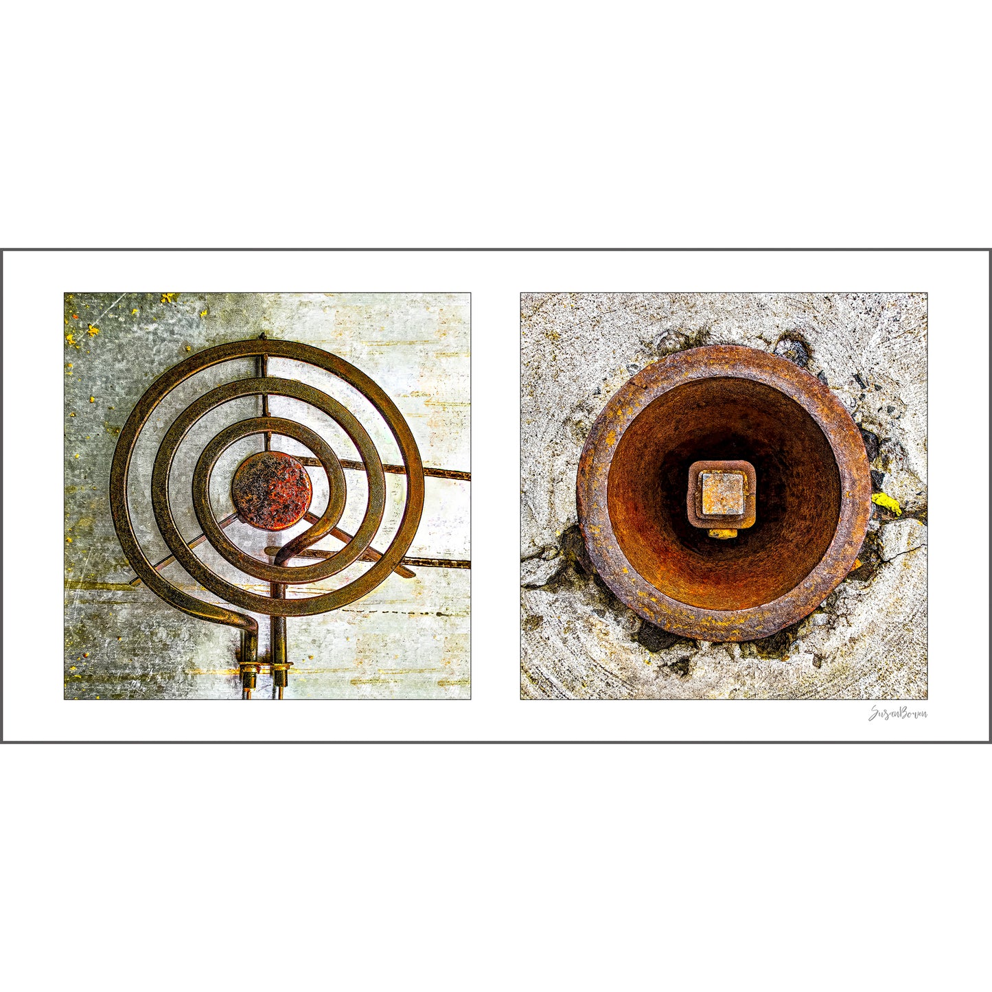 Diptych photograph of found objects round in shape (stove coil and rusty hole)
