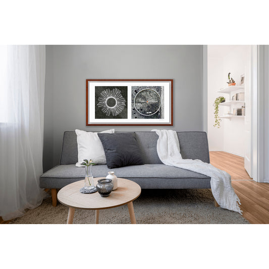 Diptych photograph of found objects round in shape (radiating lines)