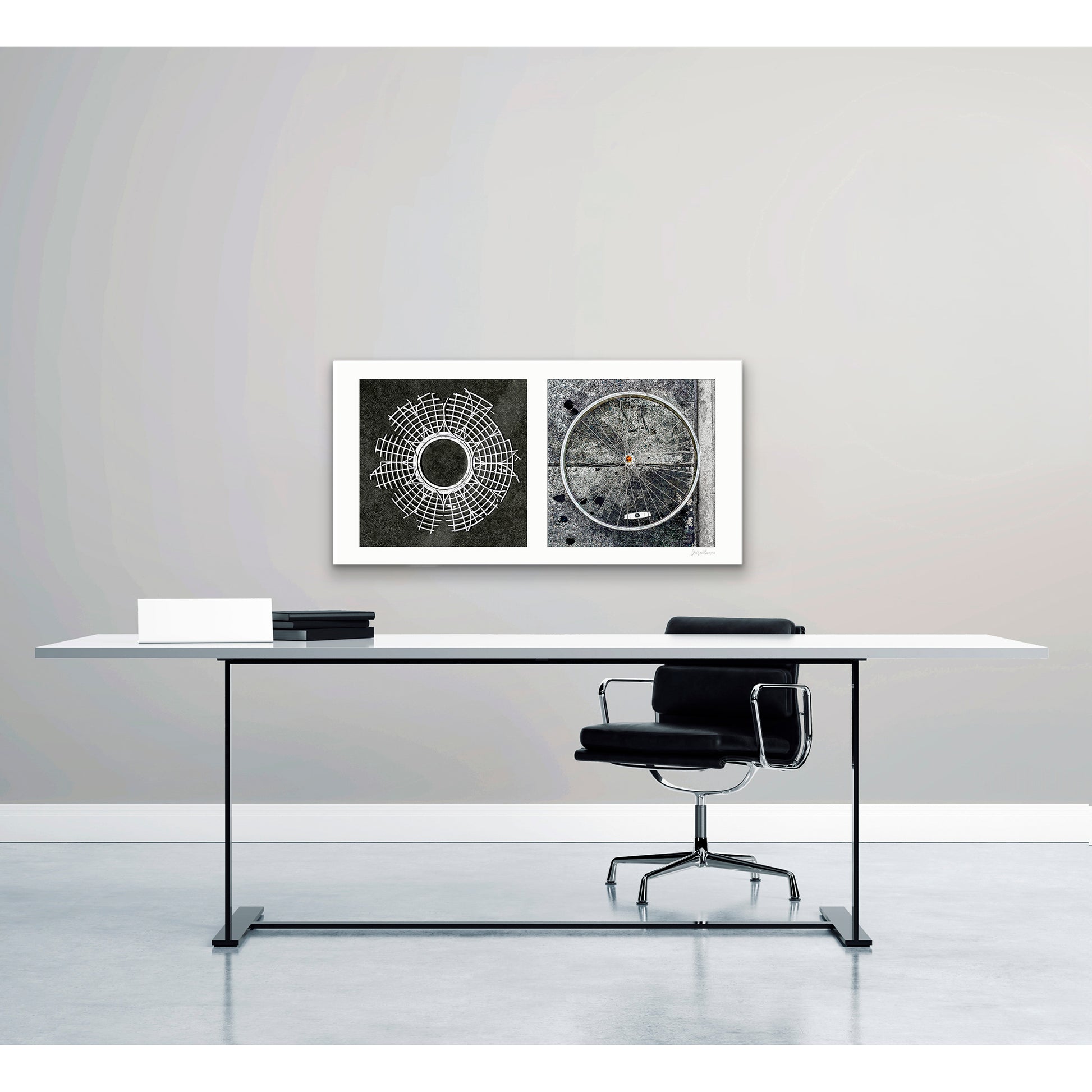 Diptych photograph of found objects round in shape (radiating lines)
