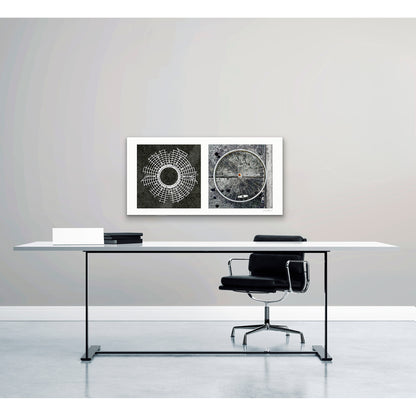 Diptych photograph of found objects round in shape (radiating lines)