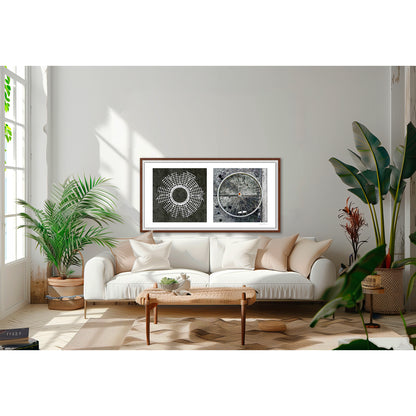 Diptych photograph of found objects round in shape (radiating lines)