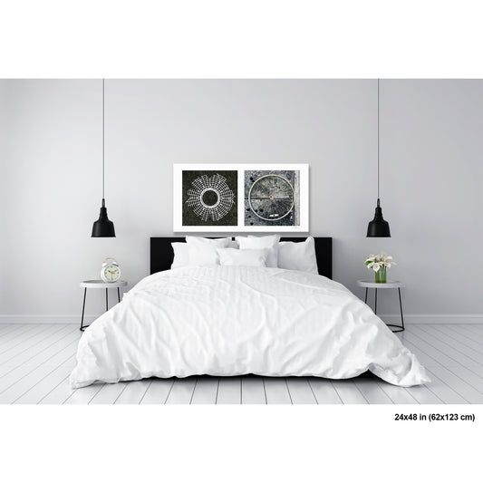 Starburst and Bicycle Wheel artwork by Susan Bowen, shown as 24x48 print. Features a fractured plastic starburst and an abandoned bicycle wheel — two spoke-form street finds composed as monochrome abstract art.