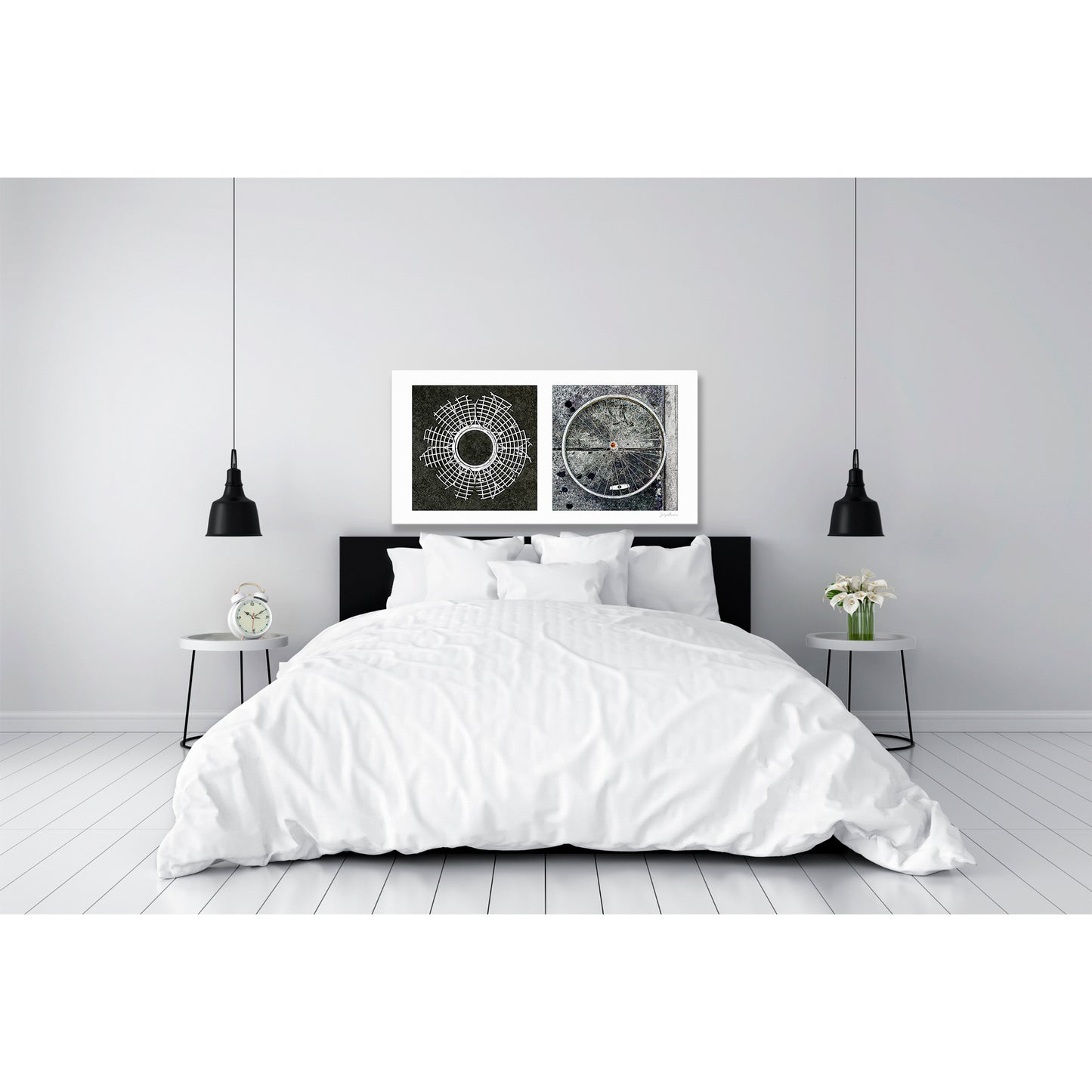 Diptych photograph of found objects round in shape (radiating lines)