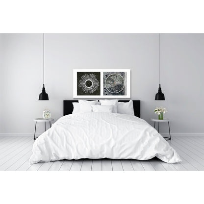 Diptych photograph of found objects round in shape (radiating lines)