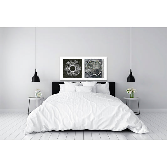 Diptych photograph of found objects round in shape (radiating lines)