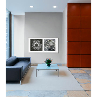 Diptych photograph of found objects round in shape (radiating lines)