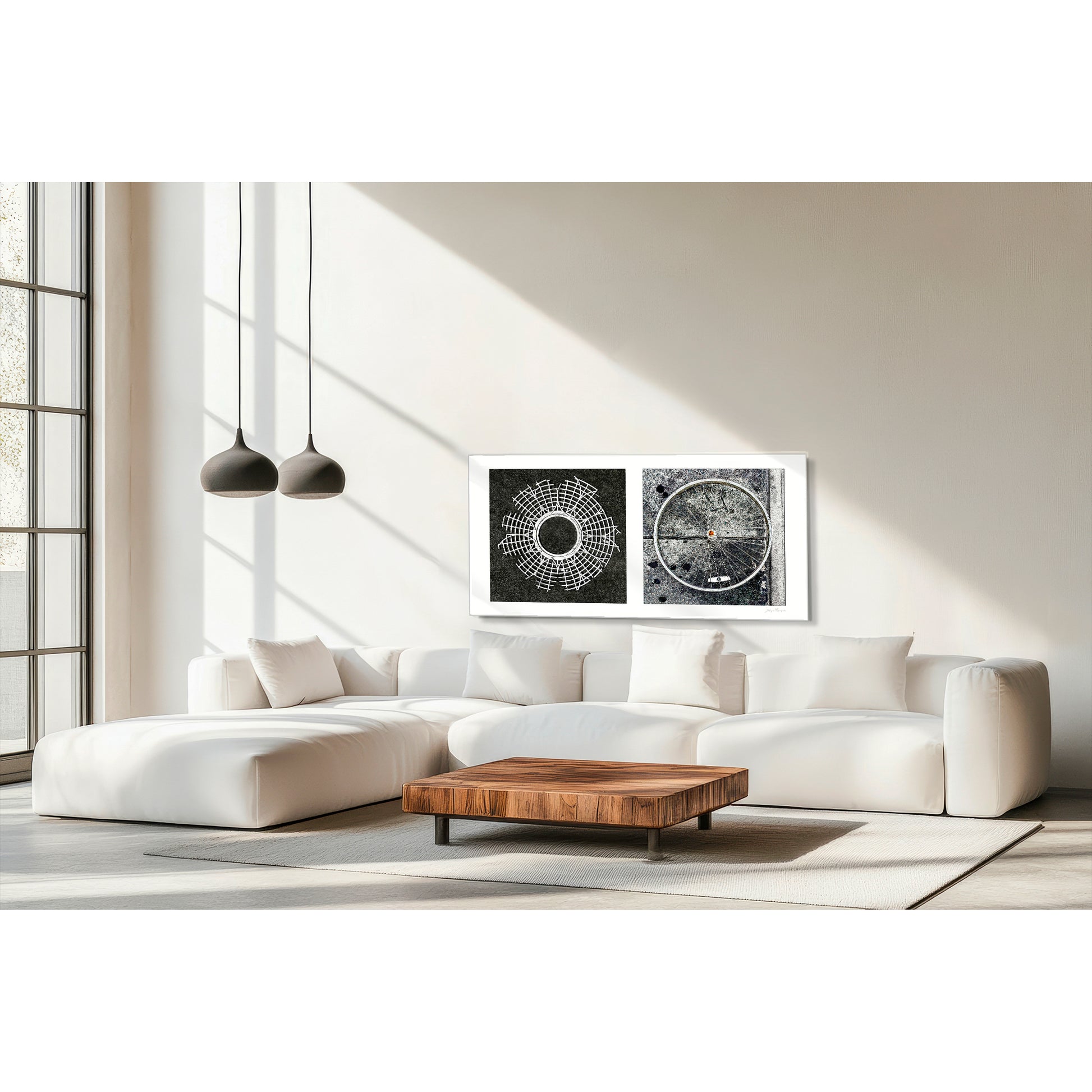 Diptych photograph of found objects round in shape (radiating lines)