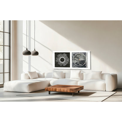 Diptych photograph of found objects round in shape (radiating lines)