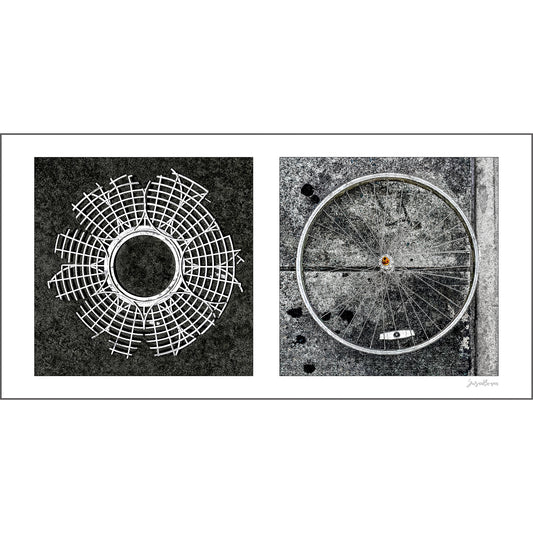 Starburst and Bicycle Wheel artwork by Susan Bowen. Features a fractured plastic starburst and an abandoned bicycle wheel — two spoke-form street finds composed as monochrome abstract art.