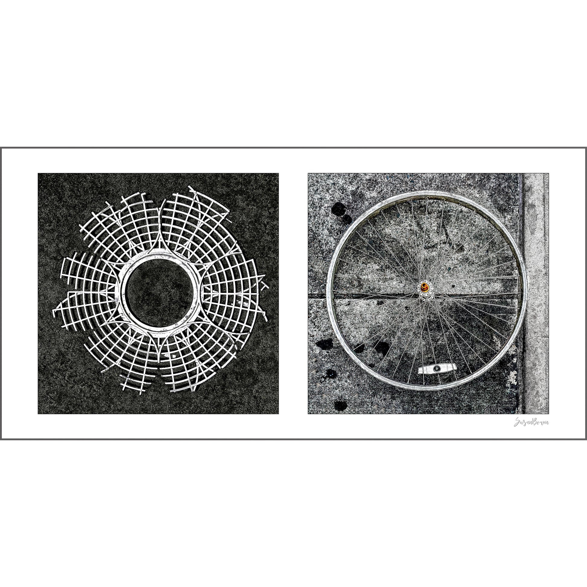 Diptych photograph of found objects round in shape (radiating lines)