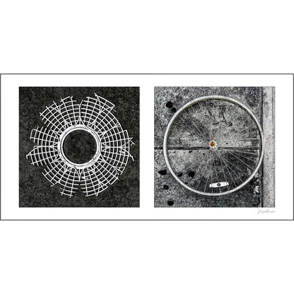 Diptych photograph of found objects round in shape (radiating lines)