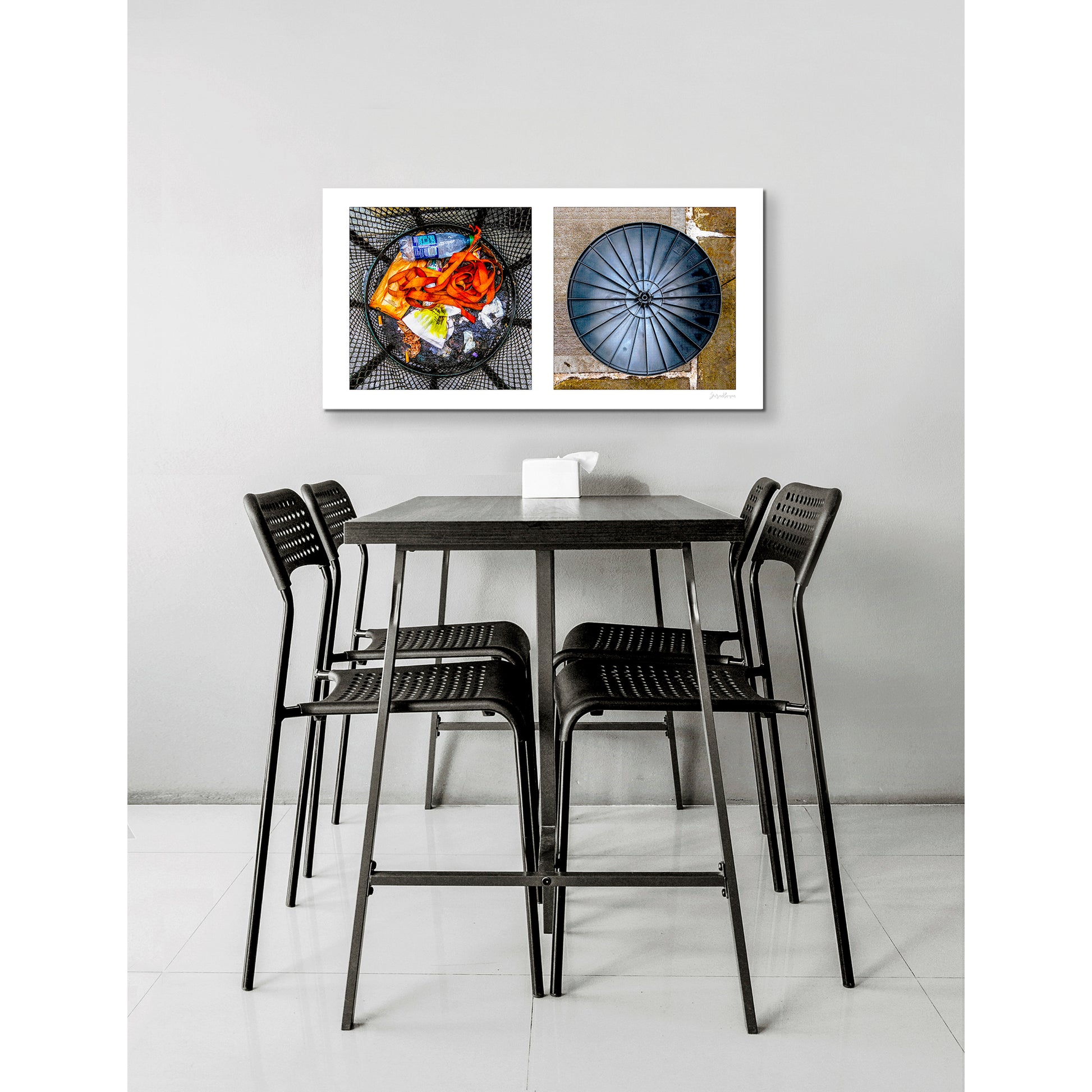 Diptych photograph of found objects round in shape with trash can